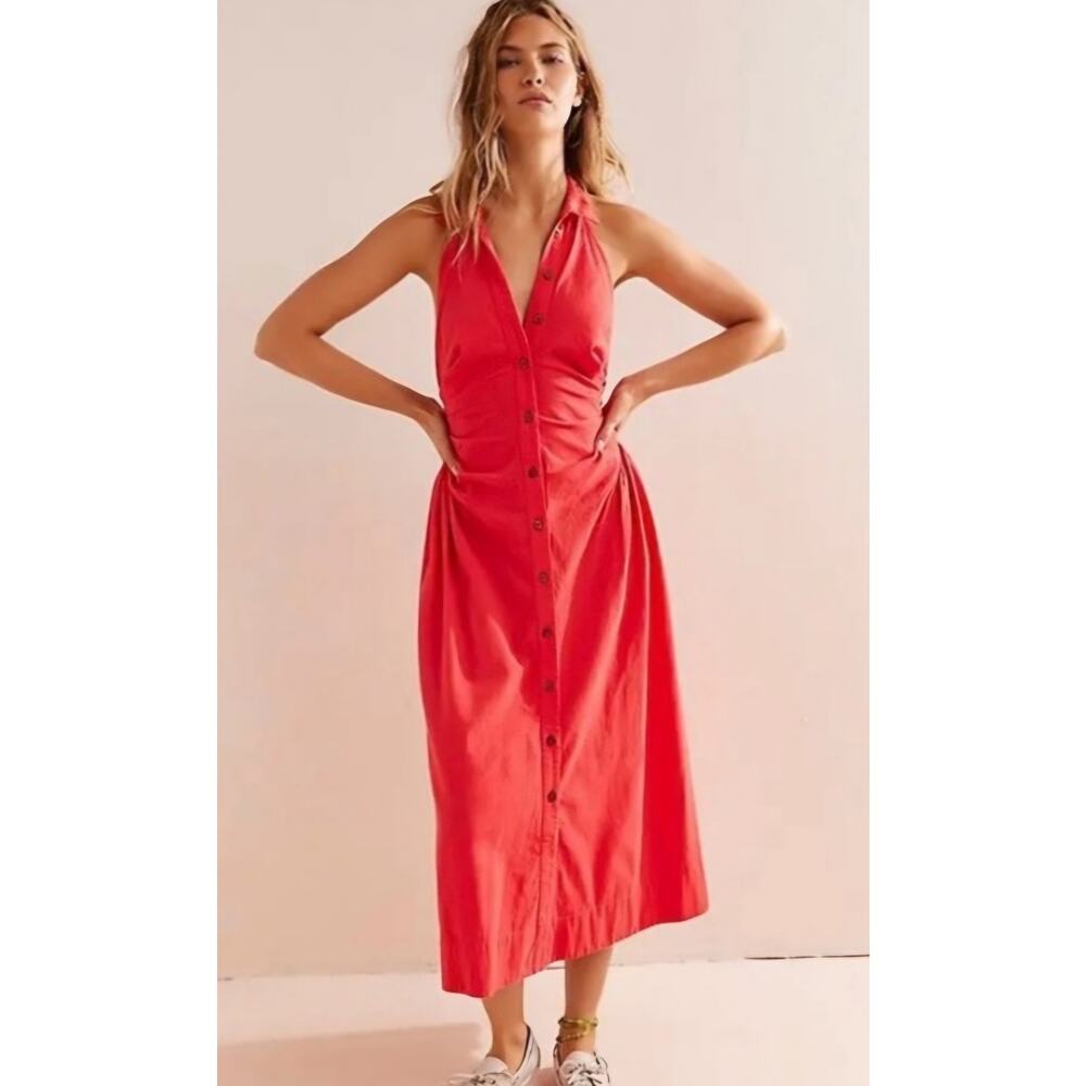 NWT Free People SZ XL Back at It Red Halter Dress Midi Length Linen Collared - Picture 2 of 8